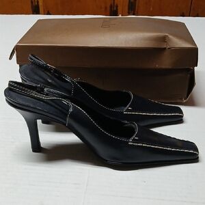 Linea Paolo Cumin Dark Navy Blue Leather Slingback Heels w/ Stitching Size 9.5